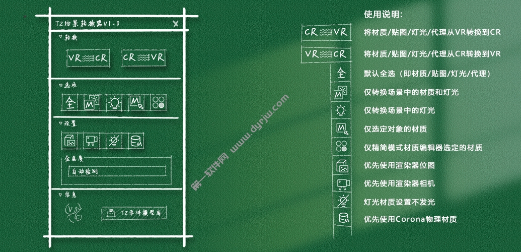 VR和CR转换器，TZ场景转换器V2.0.1，【TZ场景转换器】兼容VR与CR材质灯光代理相互转换